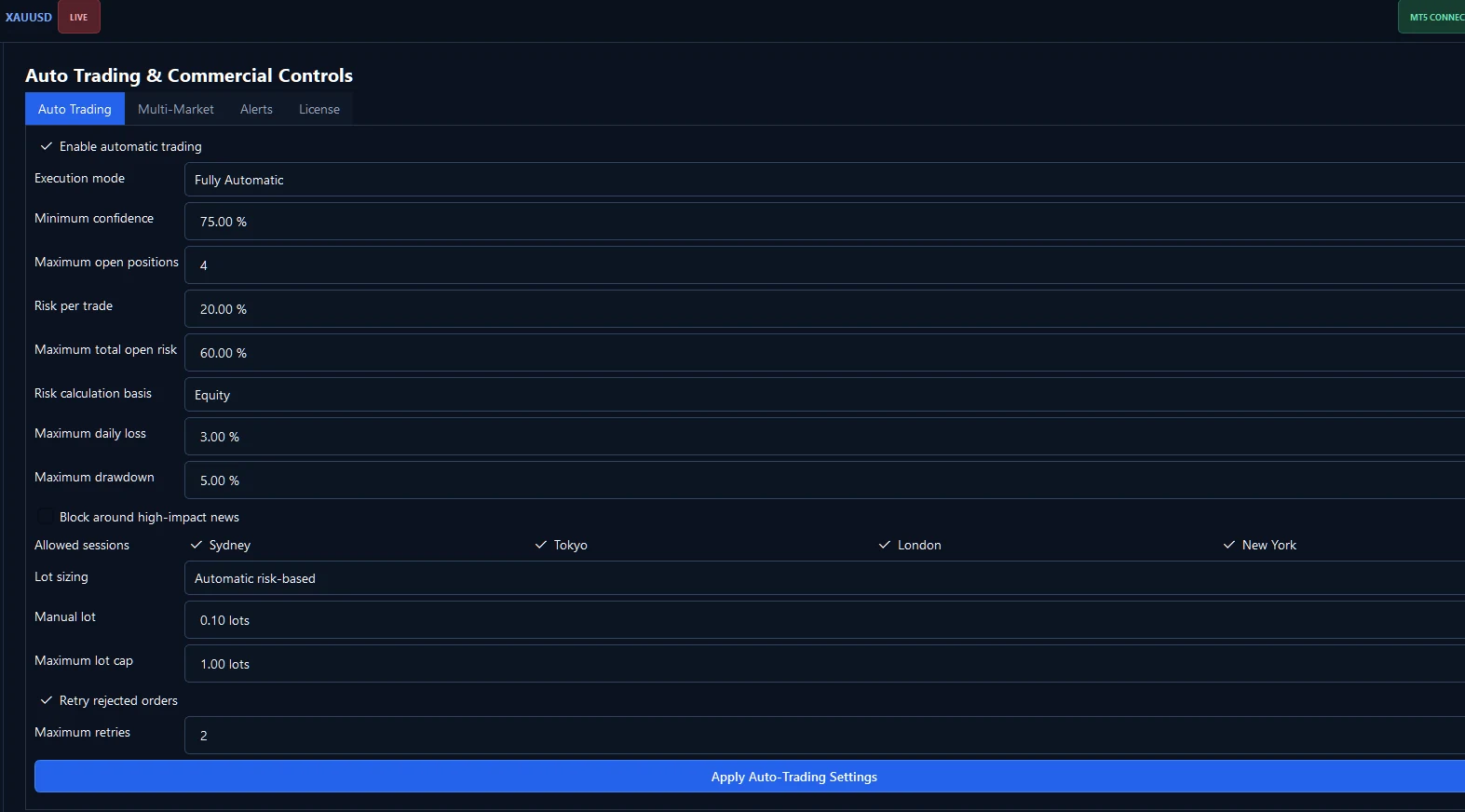 Auto trading controls